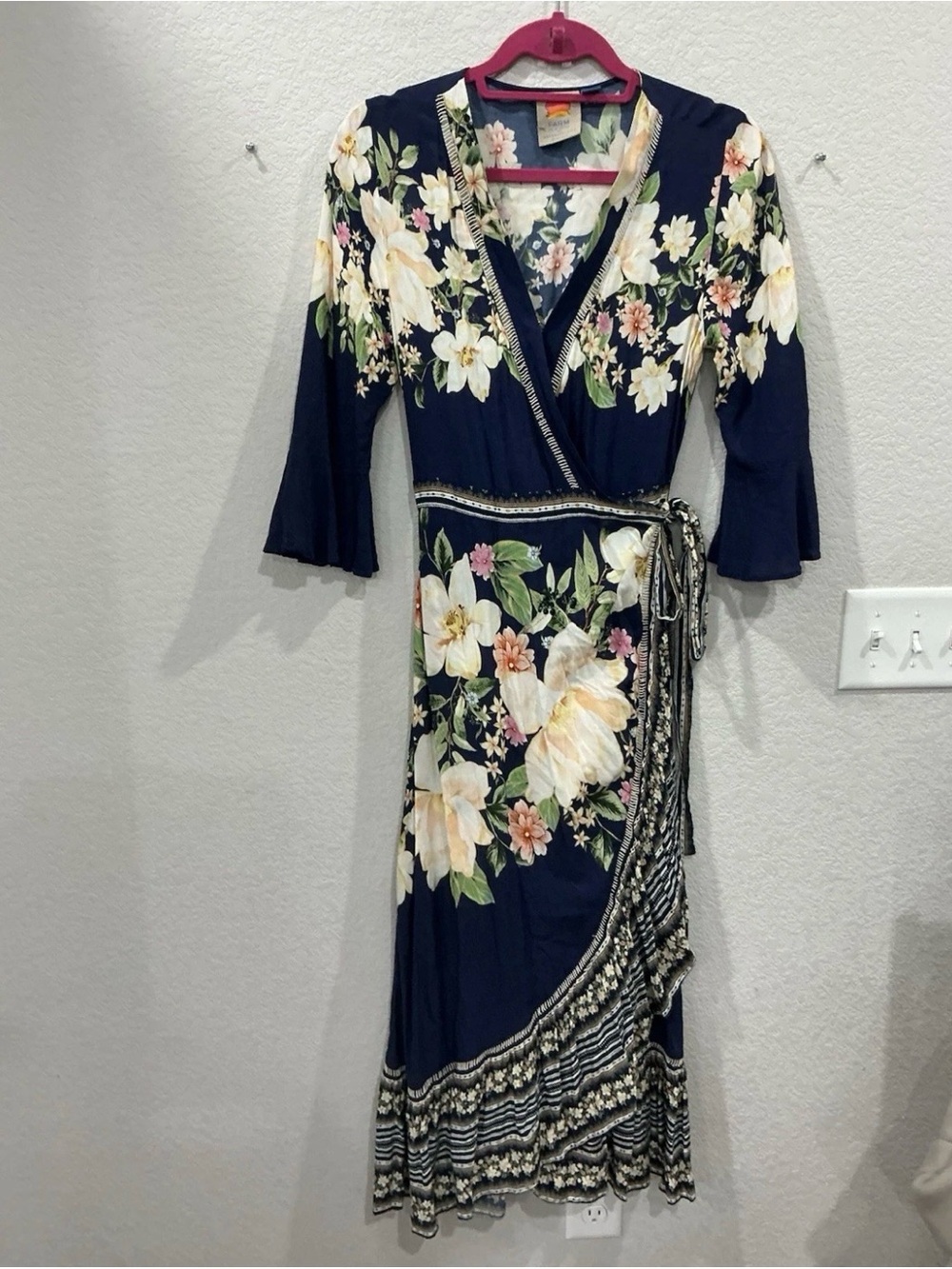 Farm Rio For Anthropologie Wrap Midi Dress  Small Blue Floral Ruffle Boho